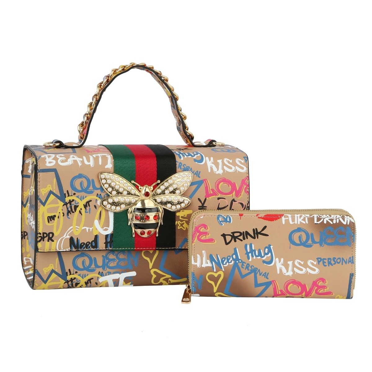 Designer Gold Graffiti Satchel Bag Set