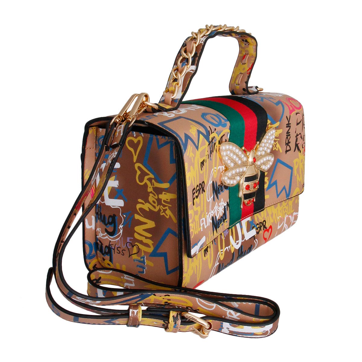 Designer Gold Graffiti Satchel Bag Set