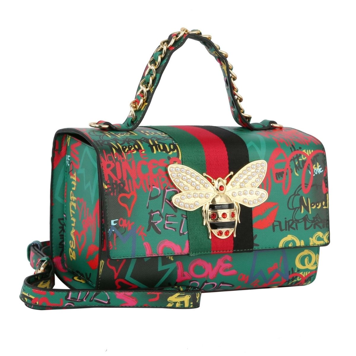 Designer Green Graffiti Satchel Bag Set