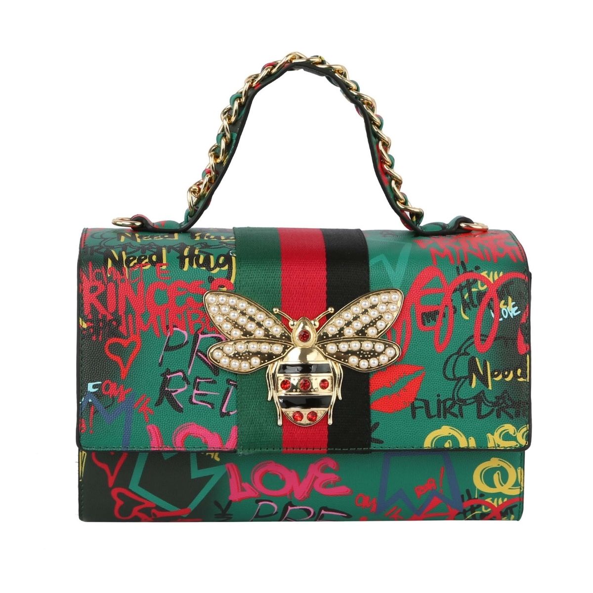 Designer Green Graffiti Satchel Bag Set