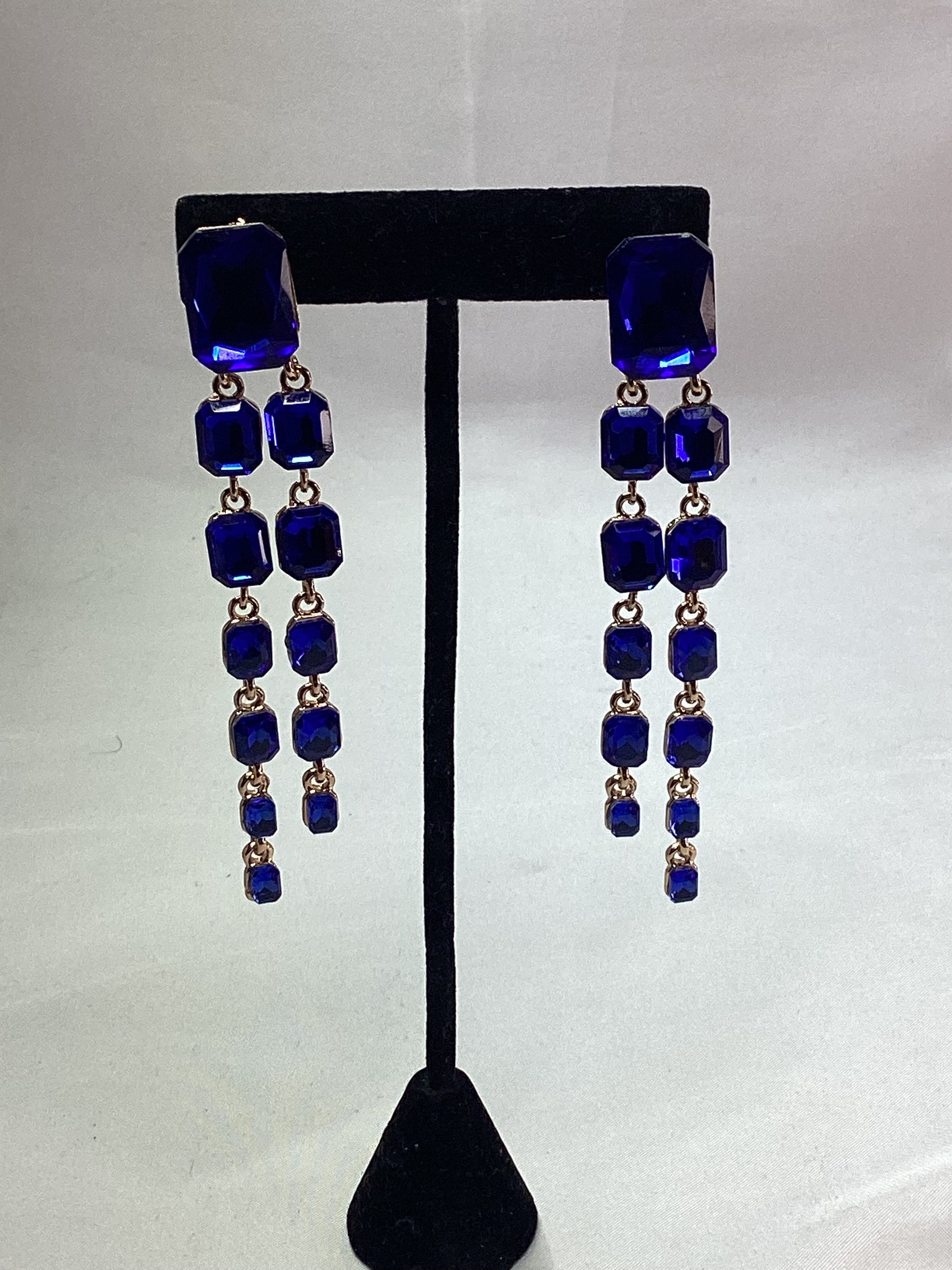 Blue rhinestone dangling clip ons