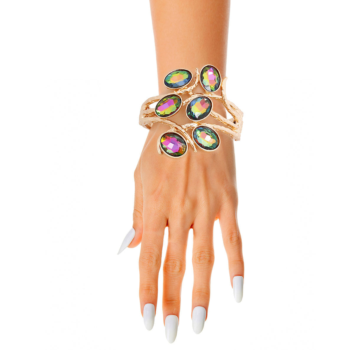 Pink Green Oval Crystal Hinge Cuff