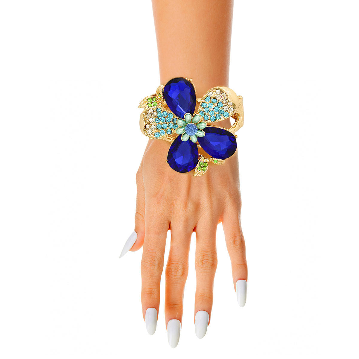 Royal Blue Crystal Floral Leaf Cuff