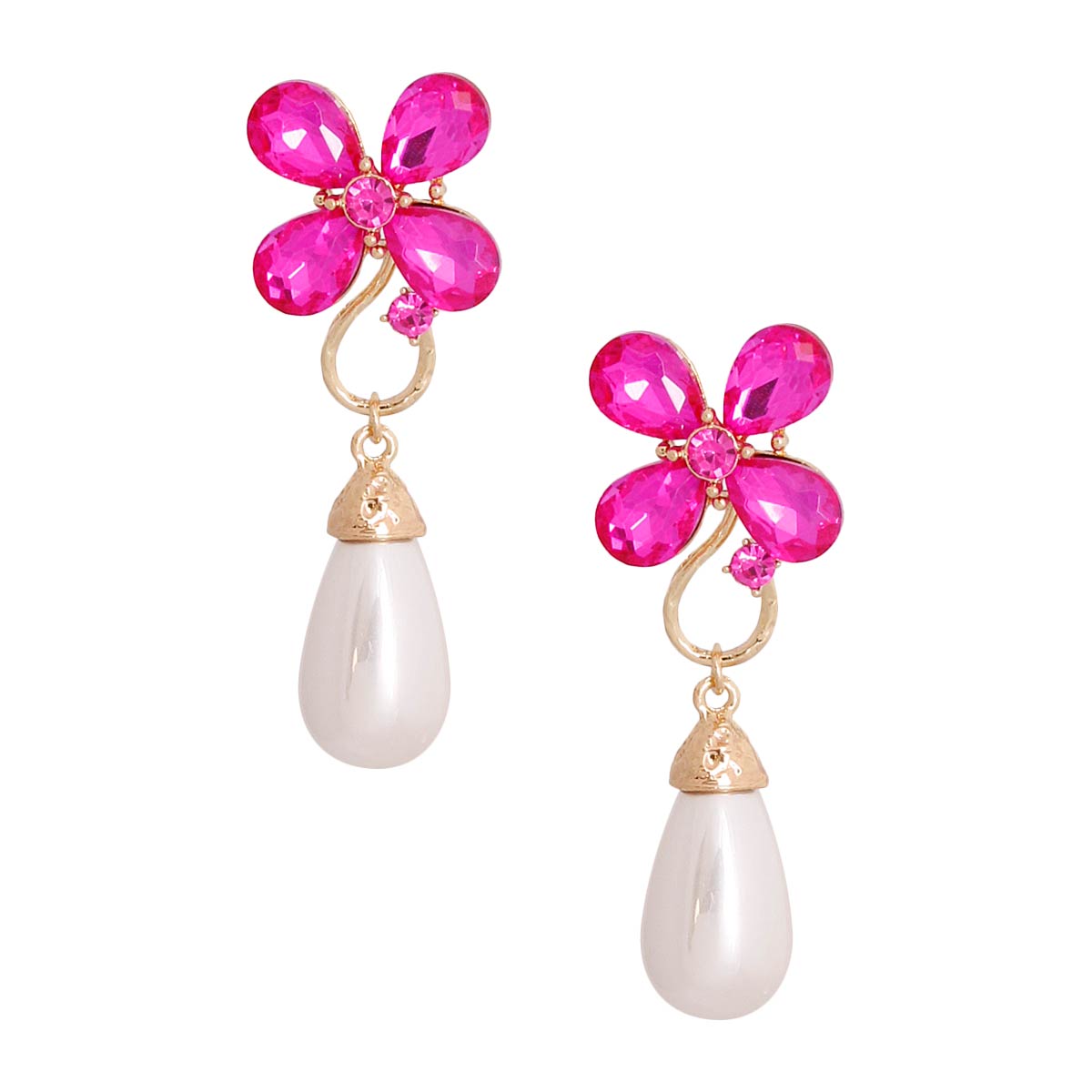 Fuchsia Flower Pearl Teardrop Earrings