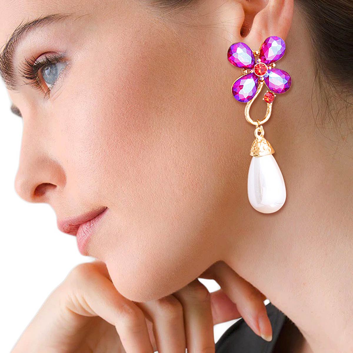 Purple Flower Pearl Teardrop Earrings