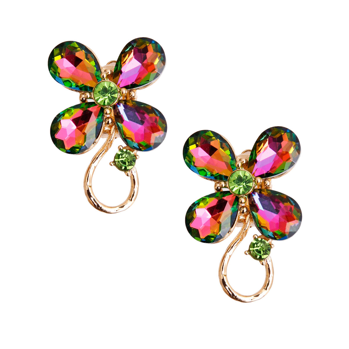 Pink Green Crystal Flower Clip Ons