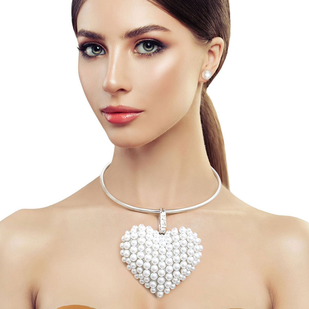 Silver Collar XL White Heart Set