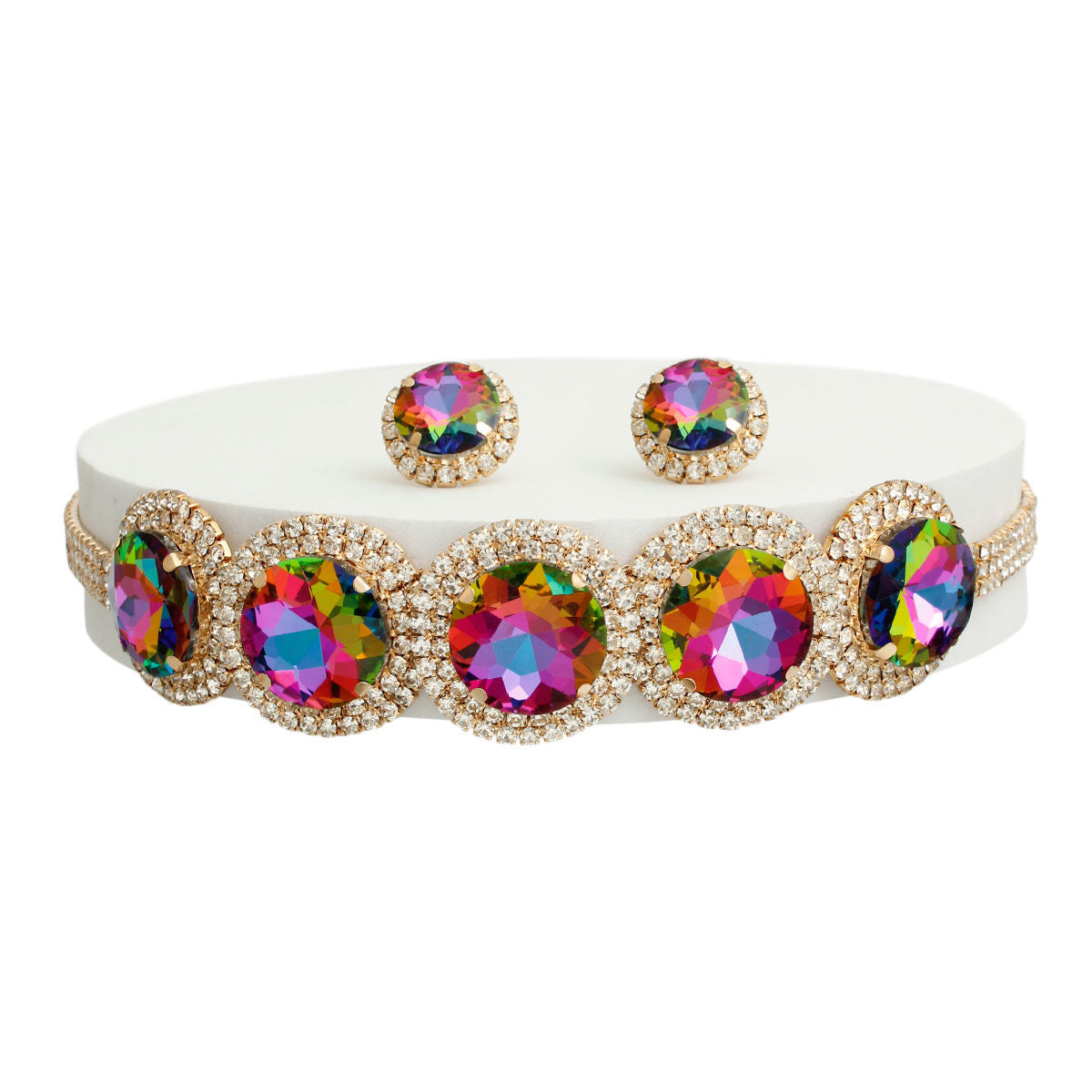 Brilliant Pink Green Round Cut Crystal Choker