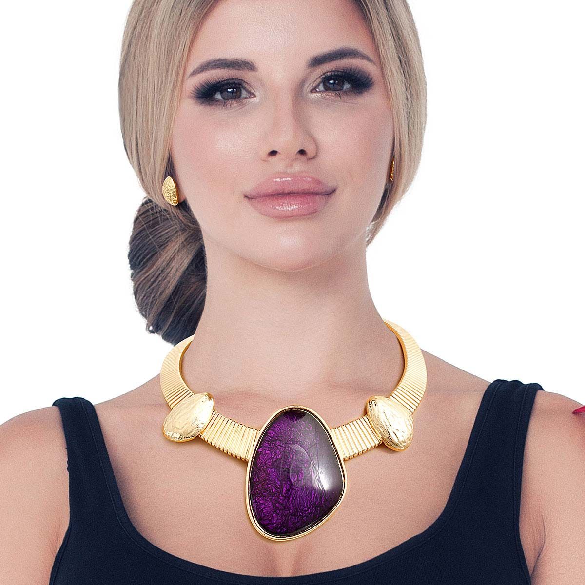 Gold Omega Purple Resin Necklace