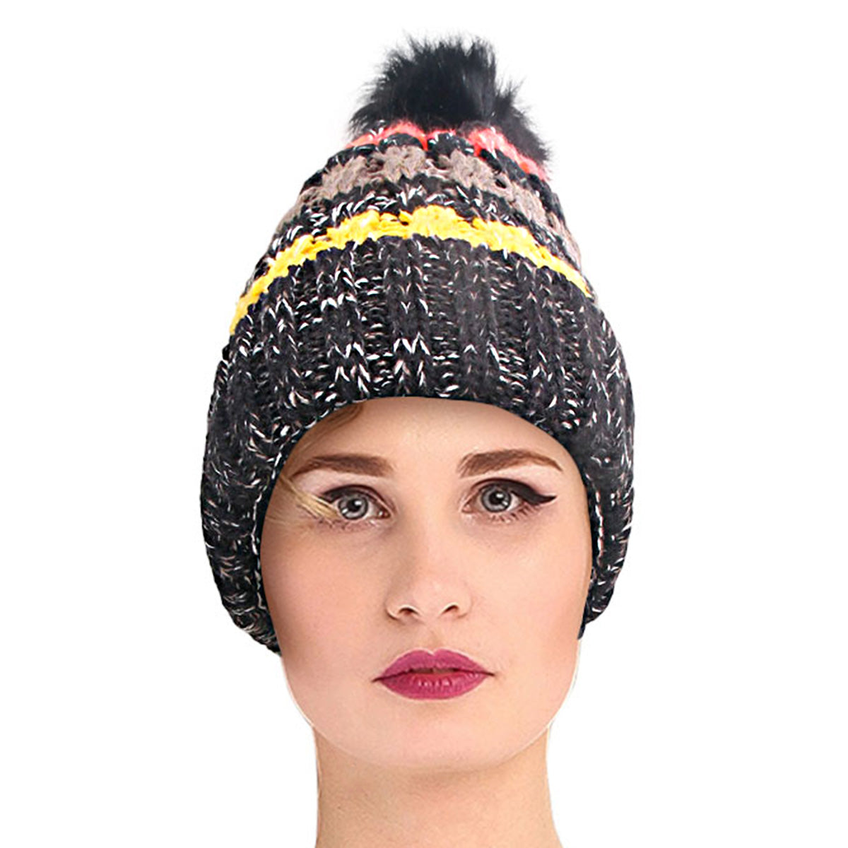 Black Stripe Knit Fleece Lined Hat