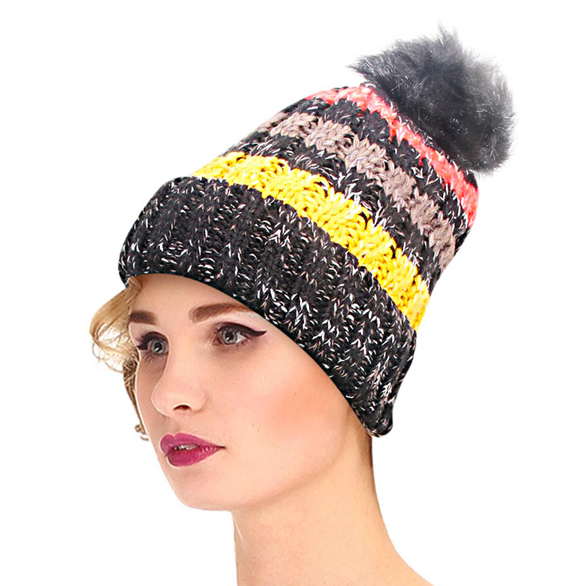 Black Stripe Knit Fleece Lined Hat