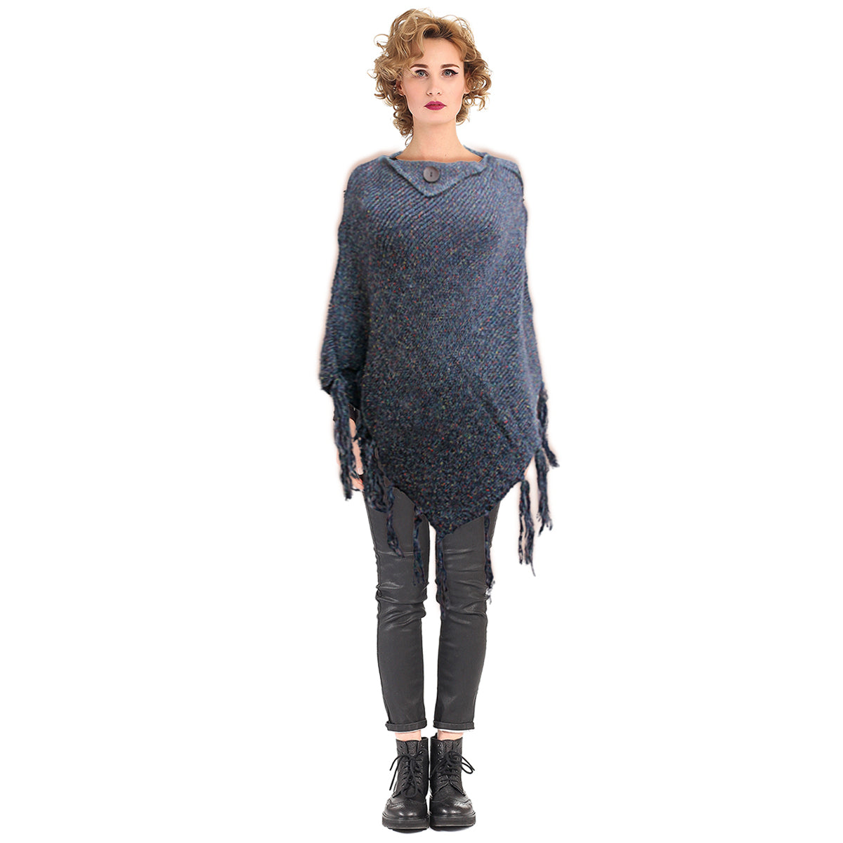 Navy Knit Button Poncho