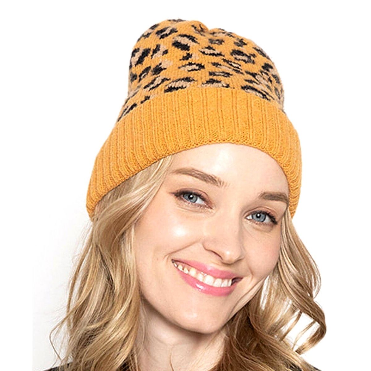 Mustard Leopard Cuff Beanie