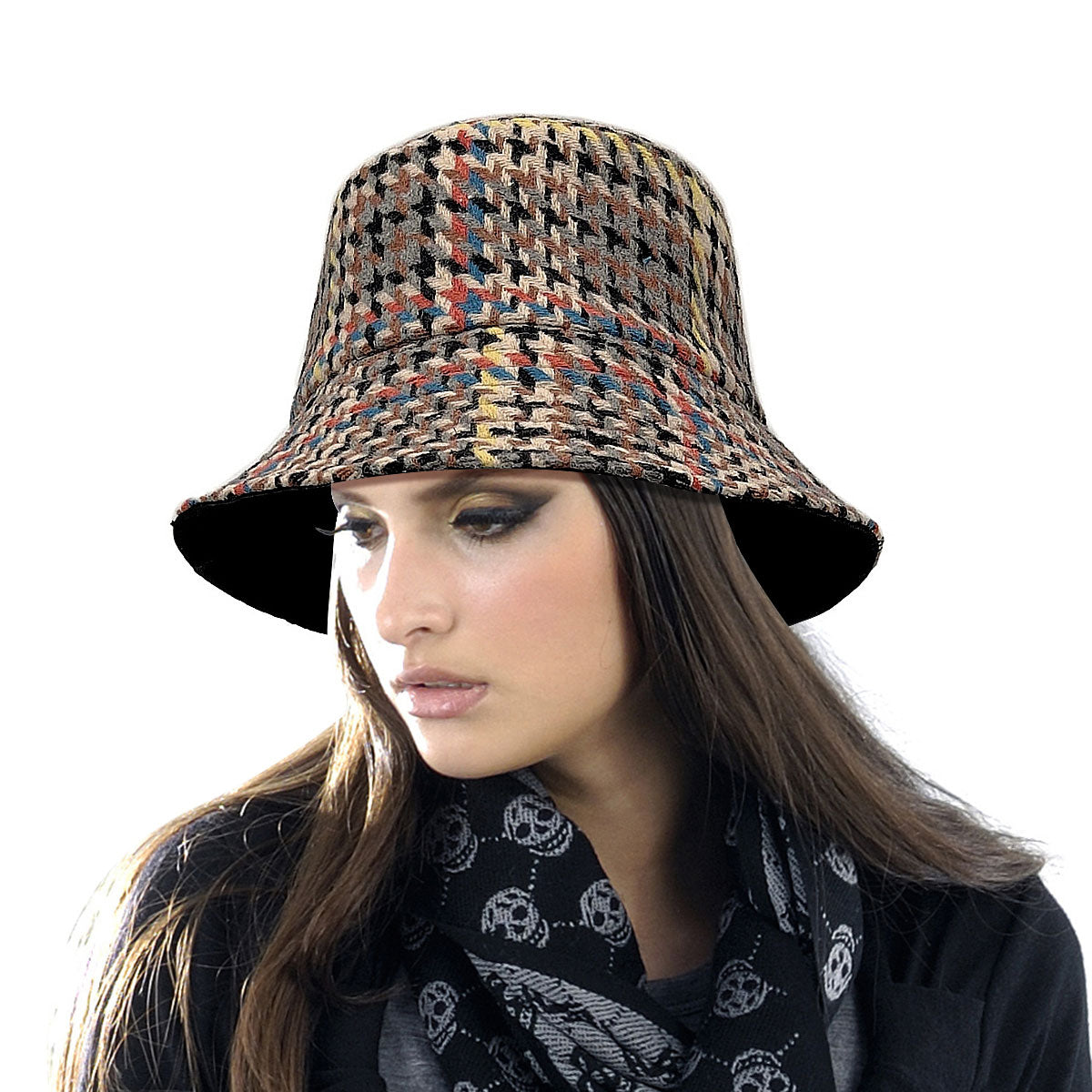 Beige Houndstooth Topstitch Bucket Hat