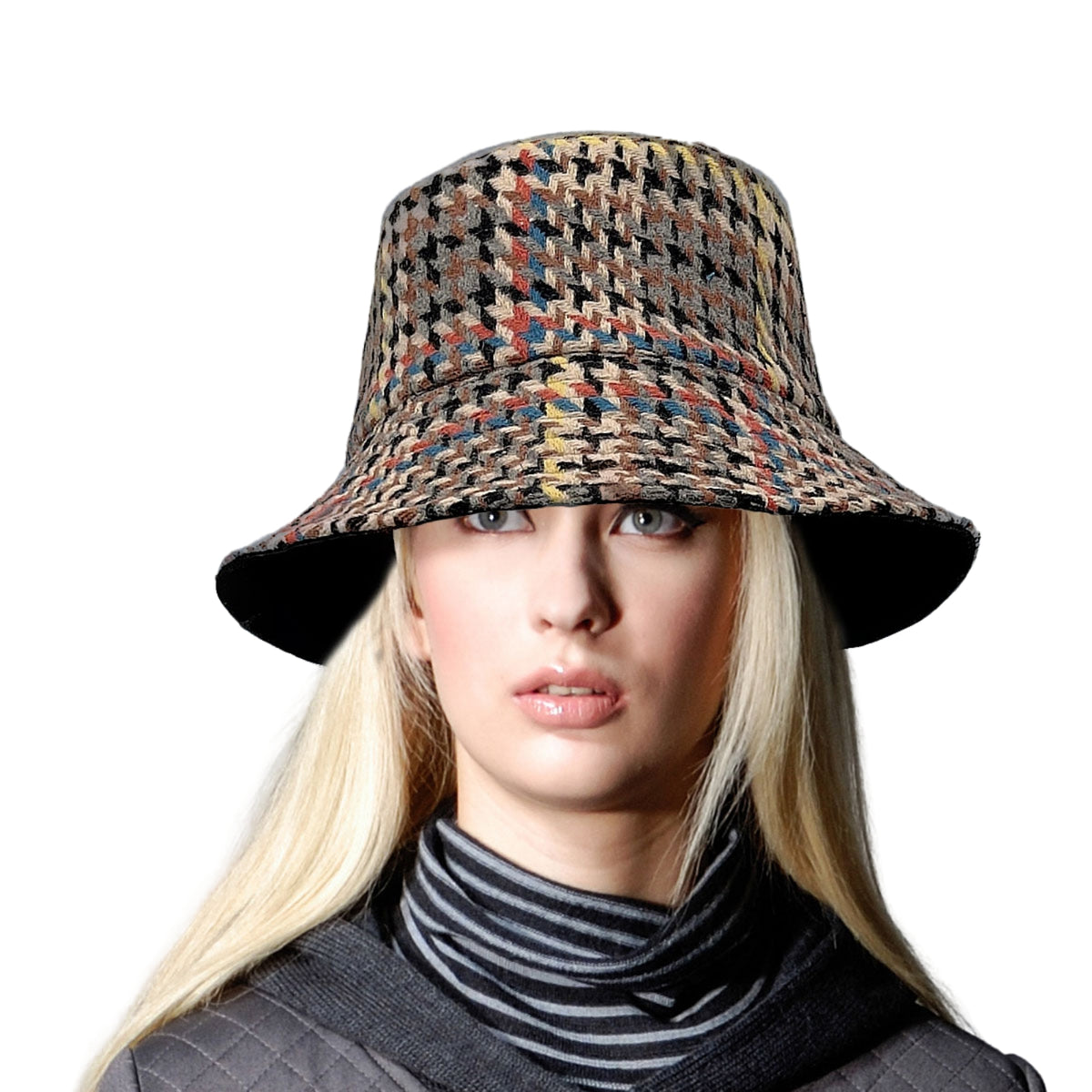 Beige Houndstooth Topstitch Bucket Hat