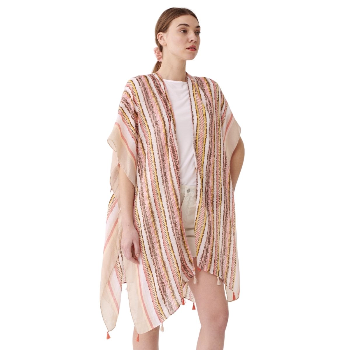 Beige Tribal Stripe Print Kimono