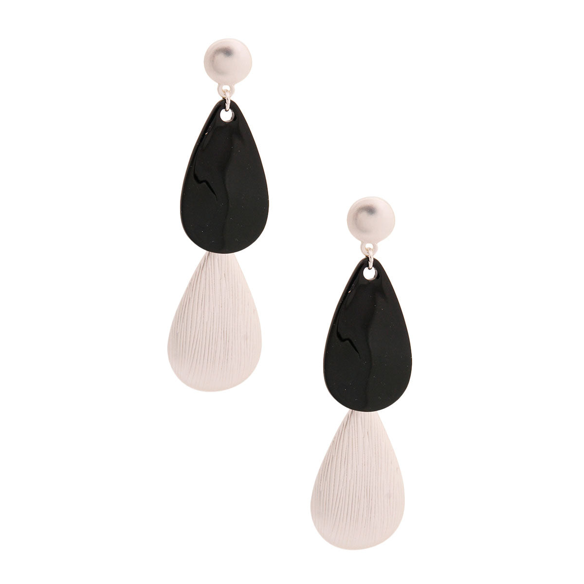 Black Silver Ribbed Teardrop Earrings