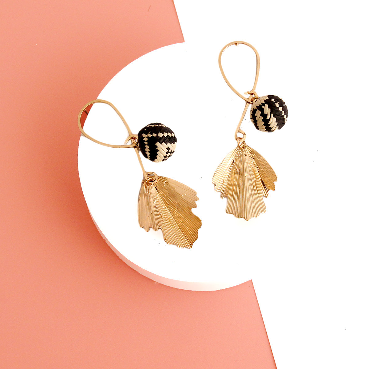 Black Raffia Fanned Gold Earrings