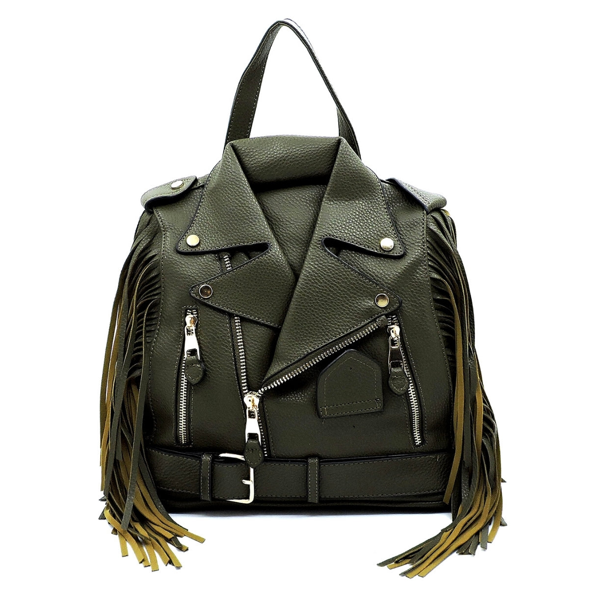 Military Green Moto Jacket Fringe Backpack