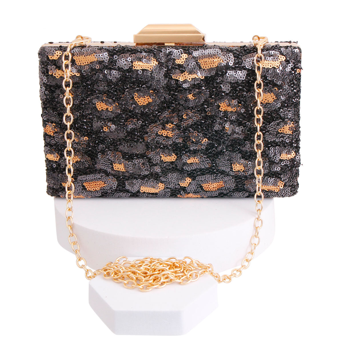 Black Leopard Sequin Hardcase Clutch