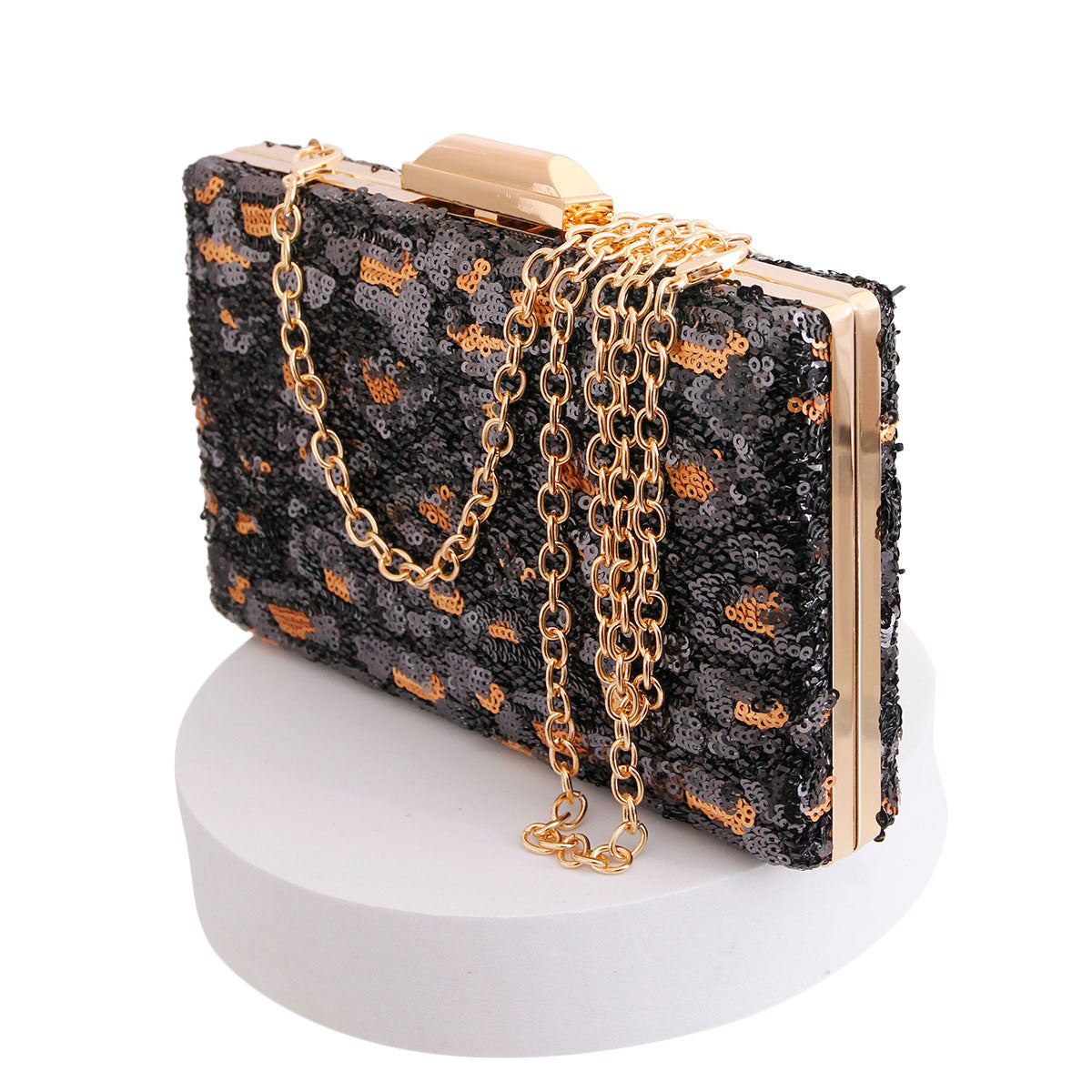 Black Leopard Sequin Hardcase Clutch