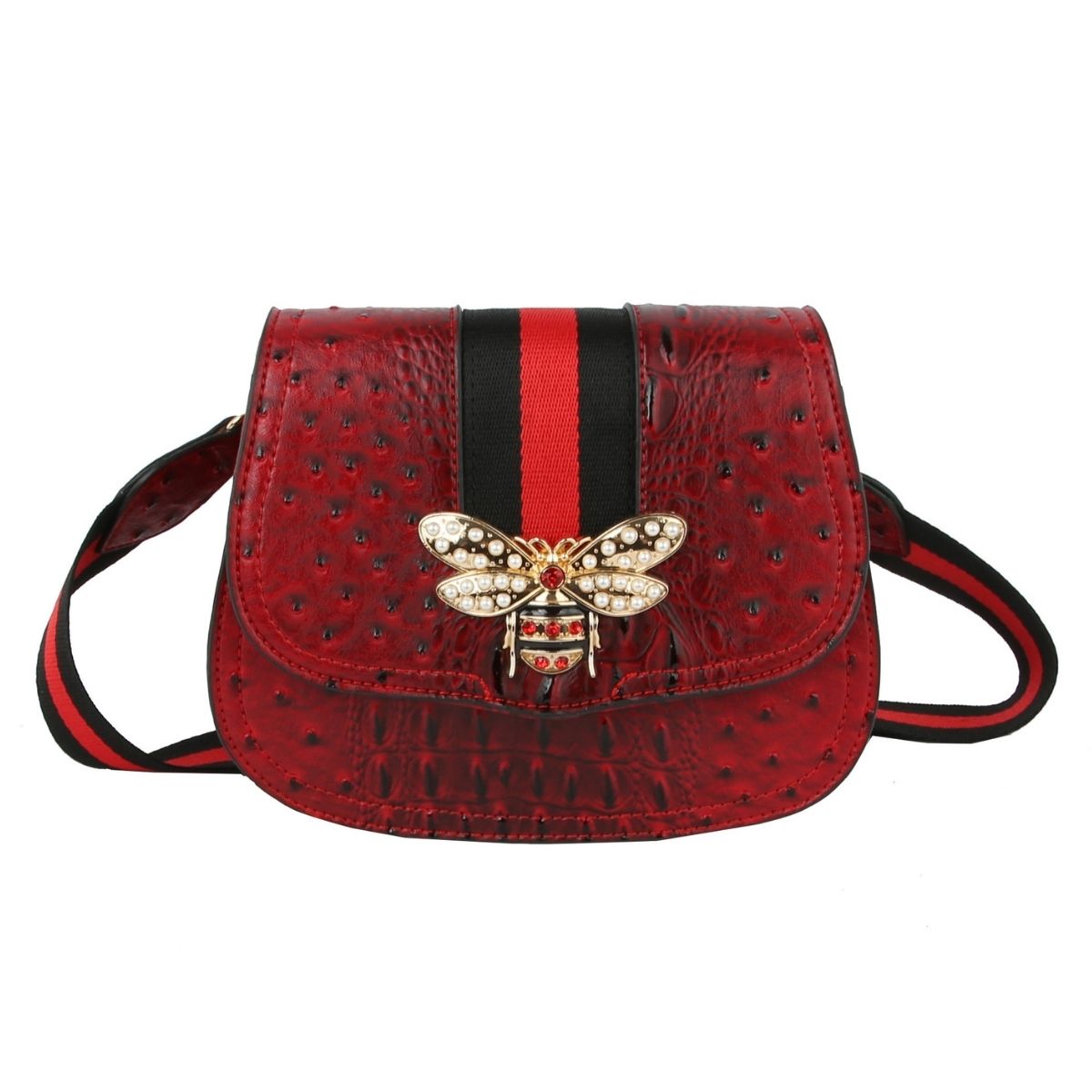 Red Ostrich Designer Saddle Crossbody