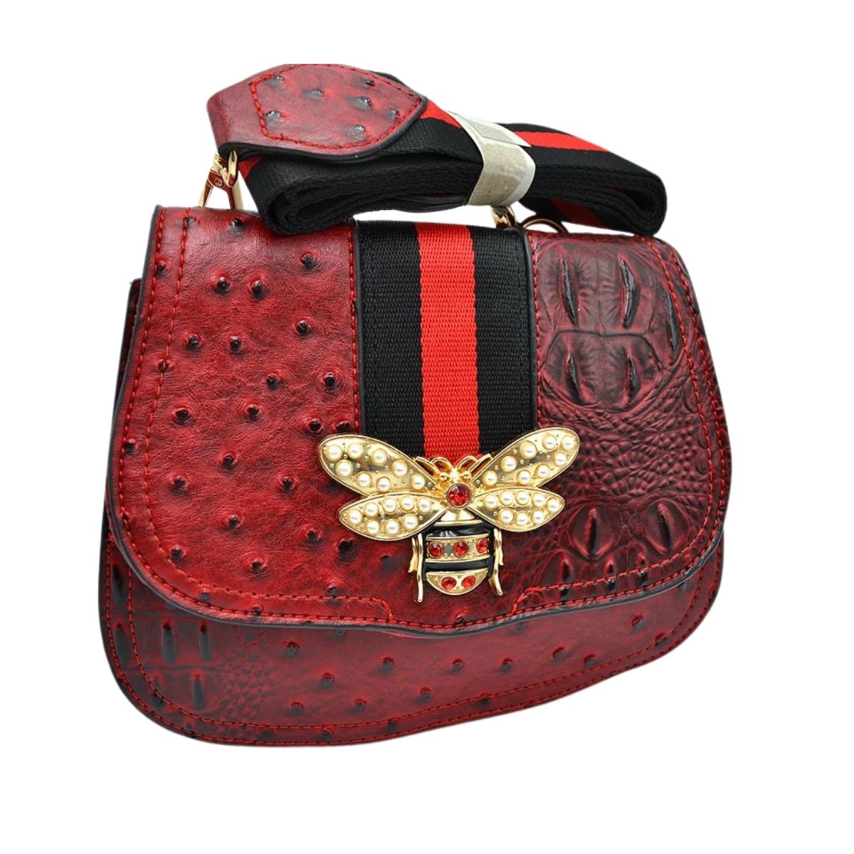 Red Ostrich Designer Saddle Crossbody