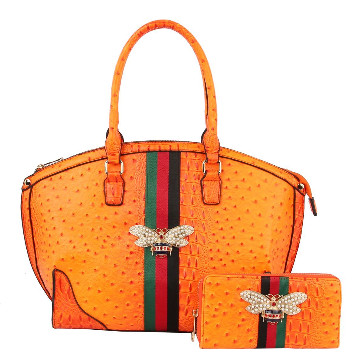 Bright Orange Ostrich Croc Bee Bag Set