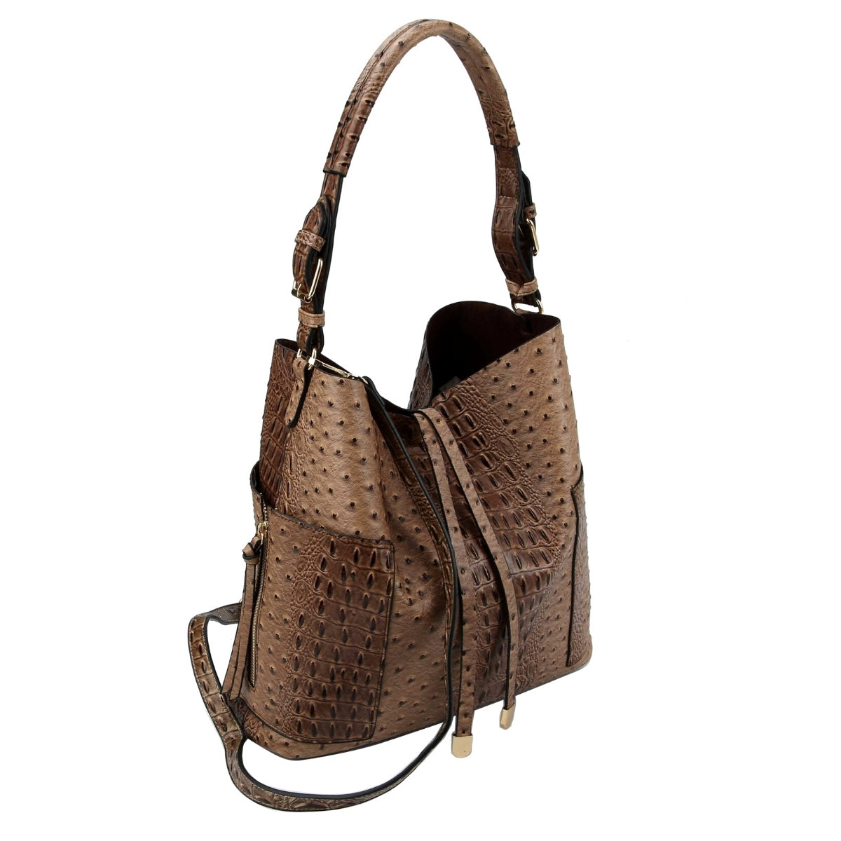 Light Brown Ostrich Plaid Pouch Bag Set
