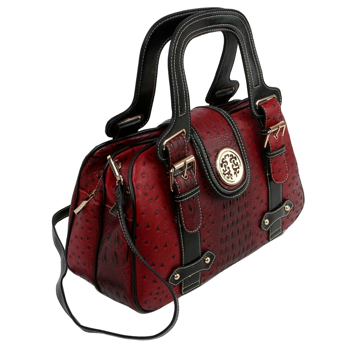 Red Ostrich Buckle Satchel Bag