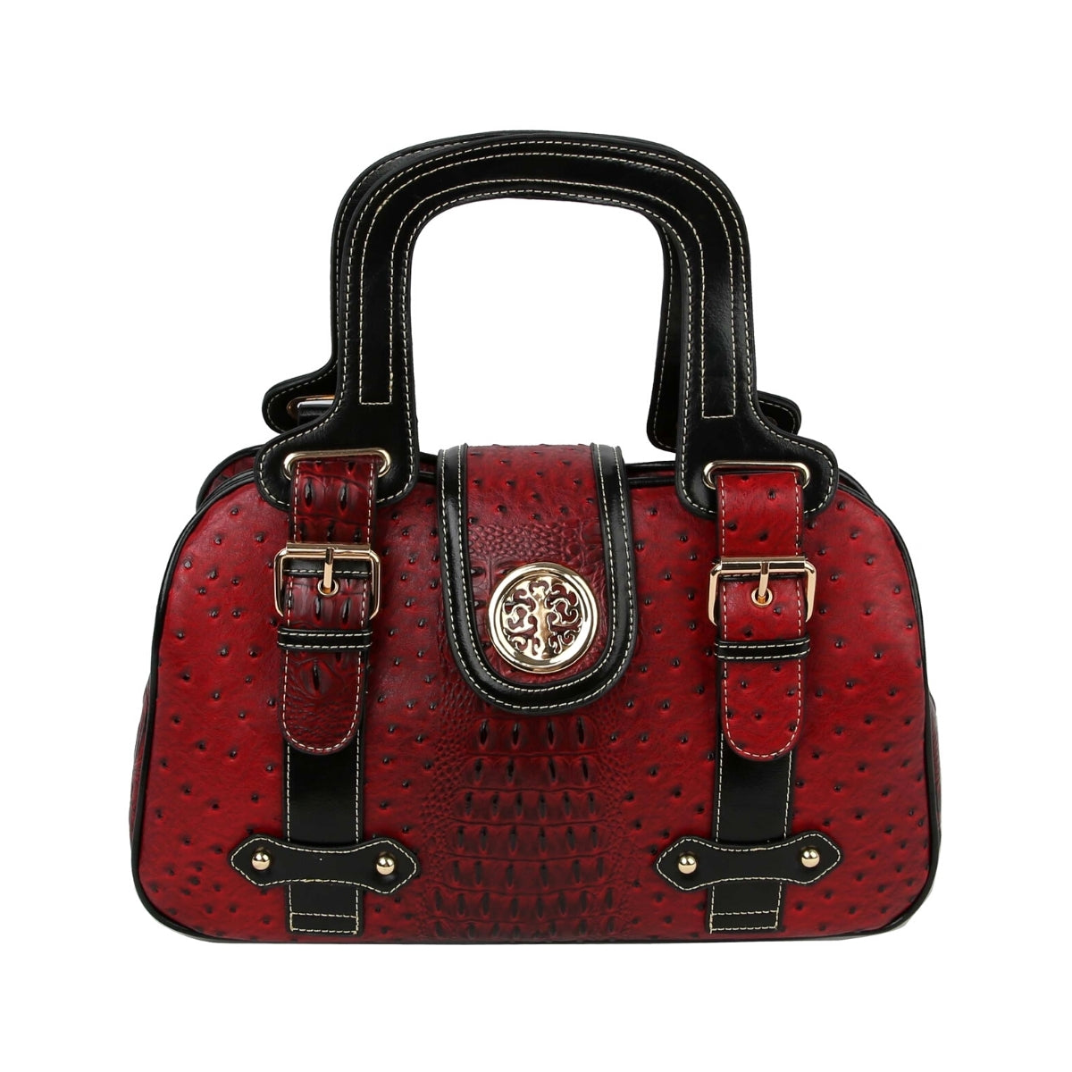 Red Ostrich Buckle Satchel Bag