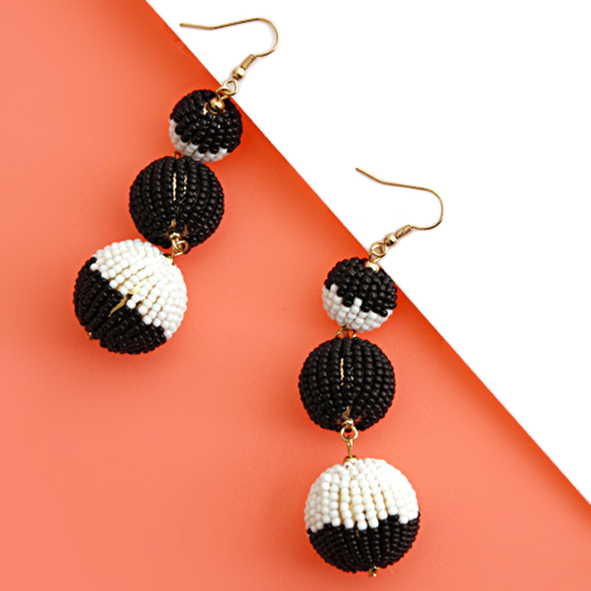 Black and White Trio Seed Bead Ball Earrings