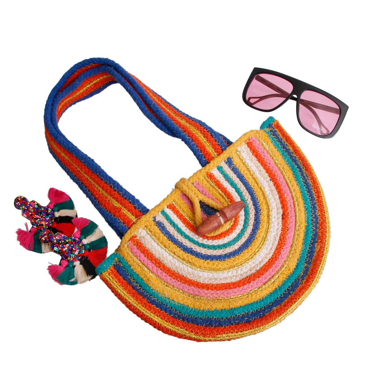 Rainbow Jute Half Moon Tote Bag