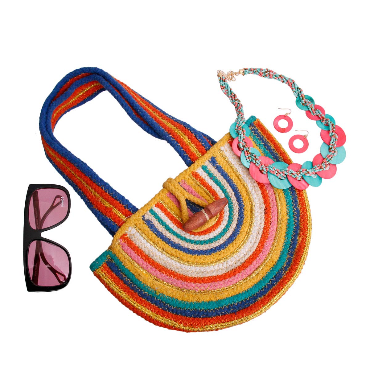 Rainbow Jute Half Moon Tote Bag