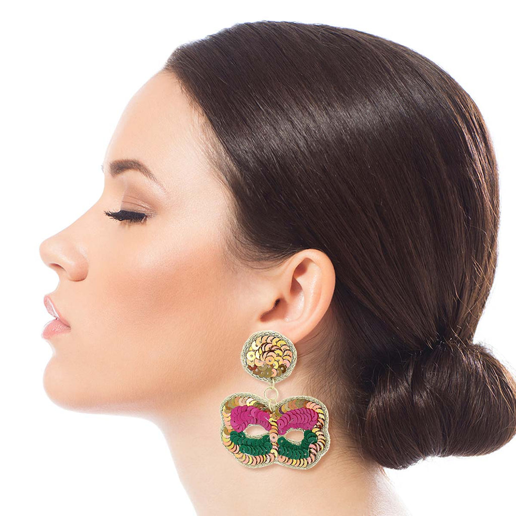 Mardi Gras Masquerade Mask Drop Earring with Feather Detail  (268657)