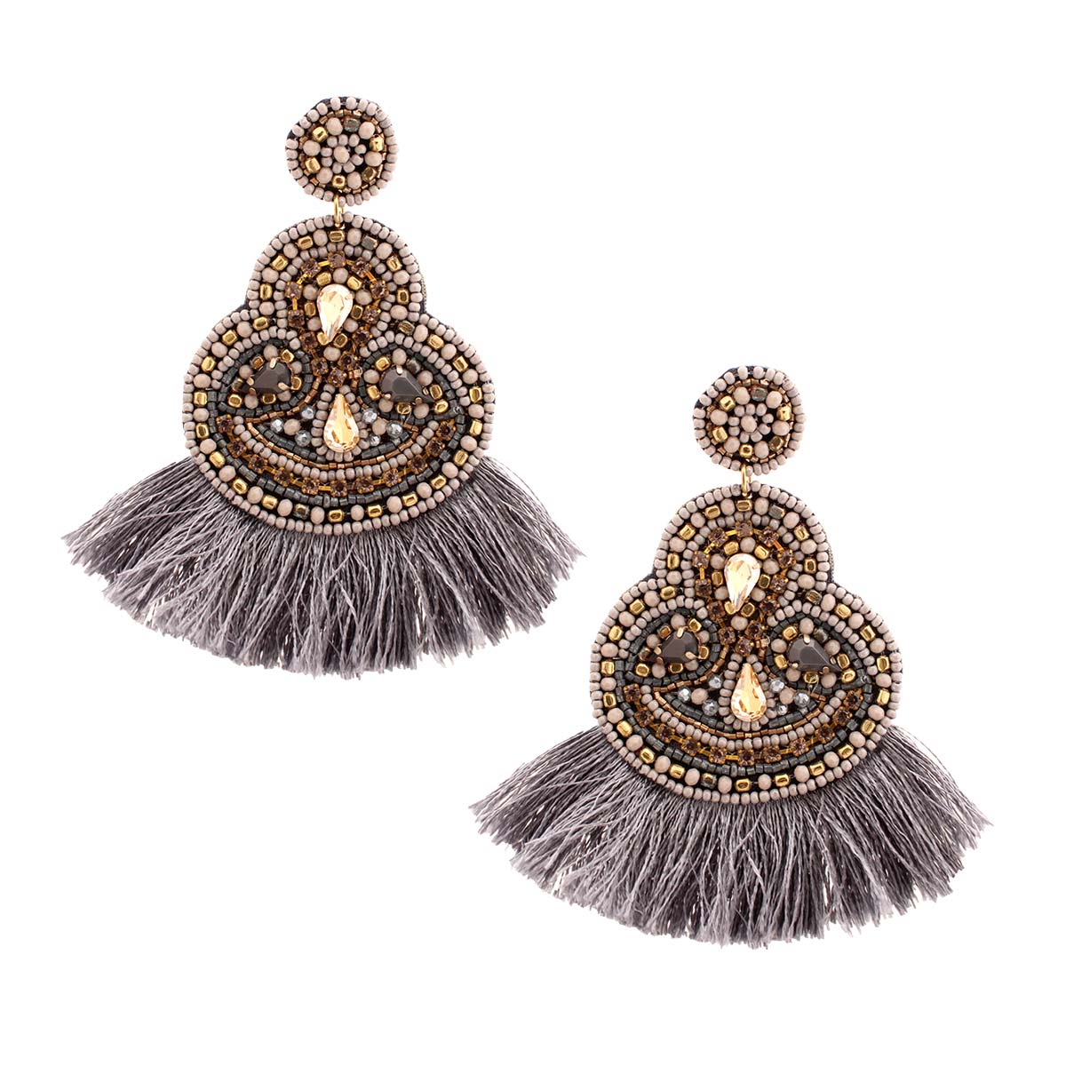 Gray Fan Embroidered Bead Earrings