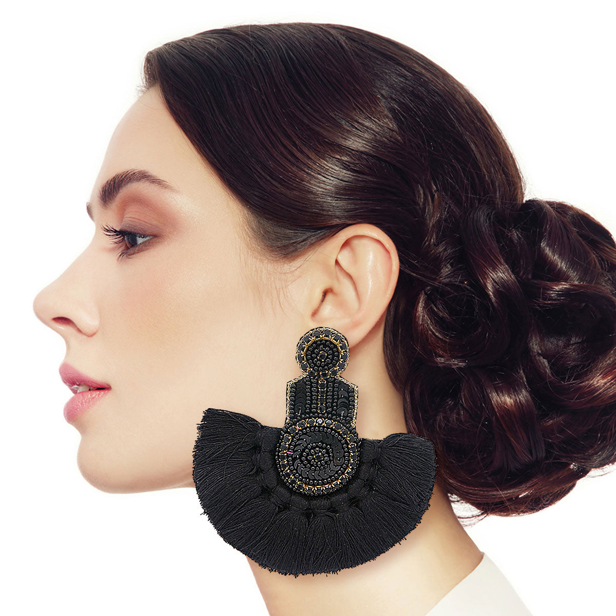 Plush Black Tassel Beaded Earrings