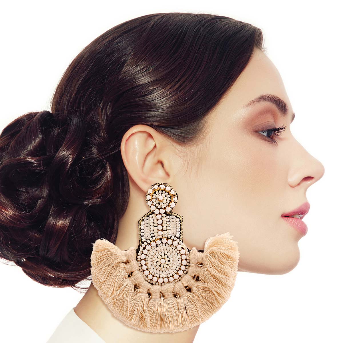 Cream Bead and Knot Tassel Earrings