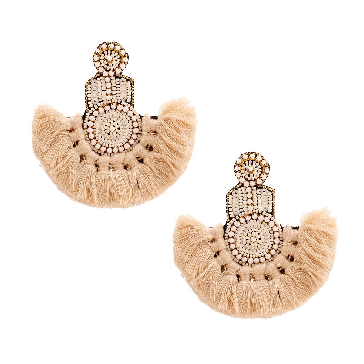 Cream Bead and Knot Tassel Earrings
