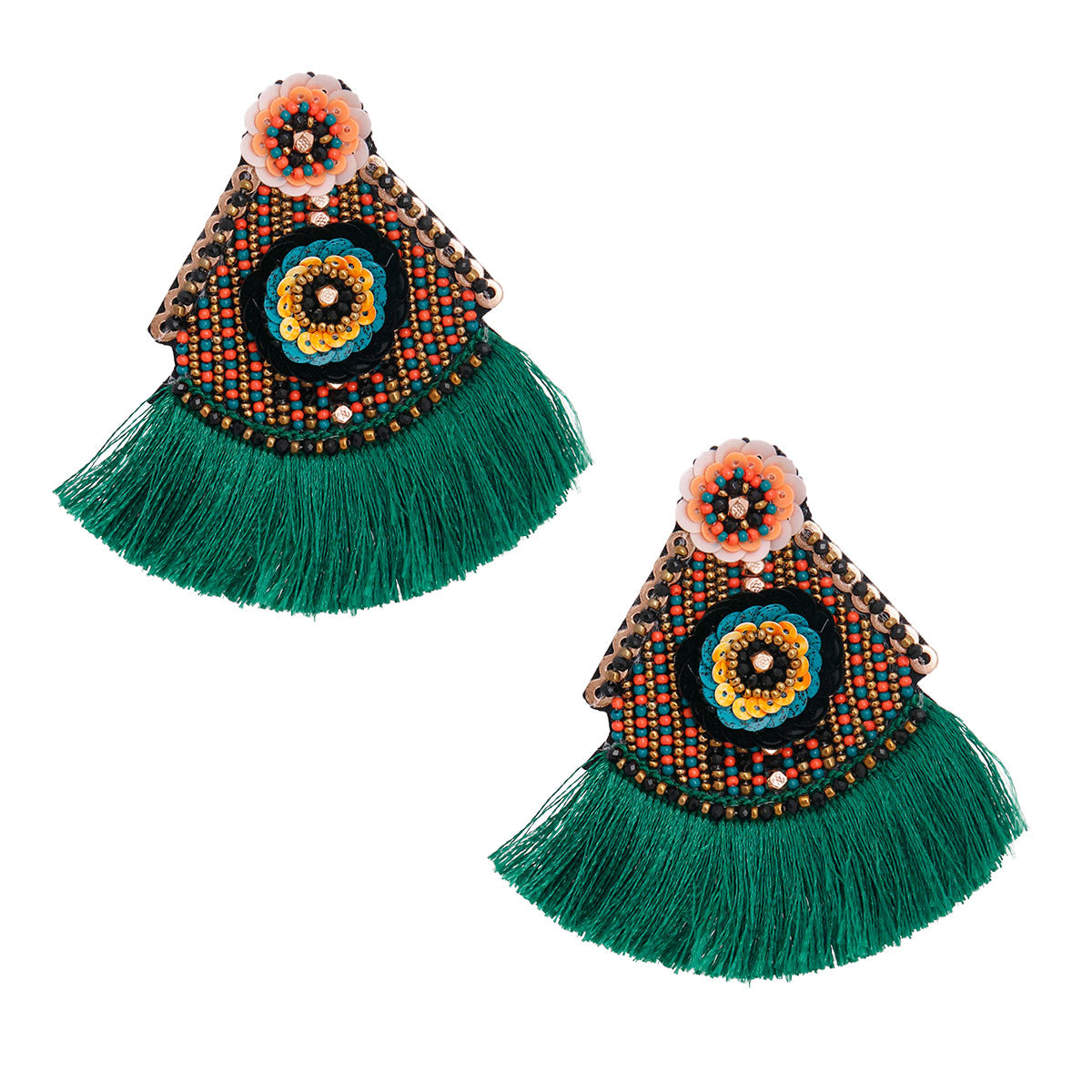 Floral Bead Green Tassel Earrings