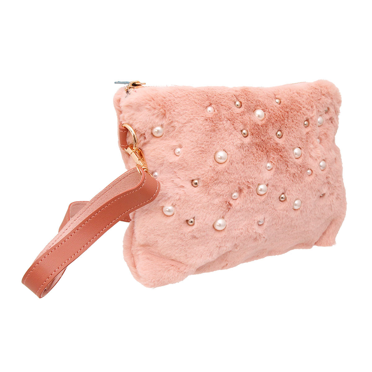 Mauve Fur Pearl Stud Clutch