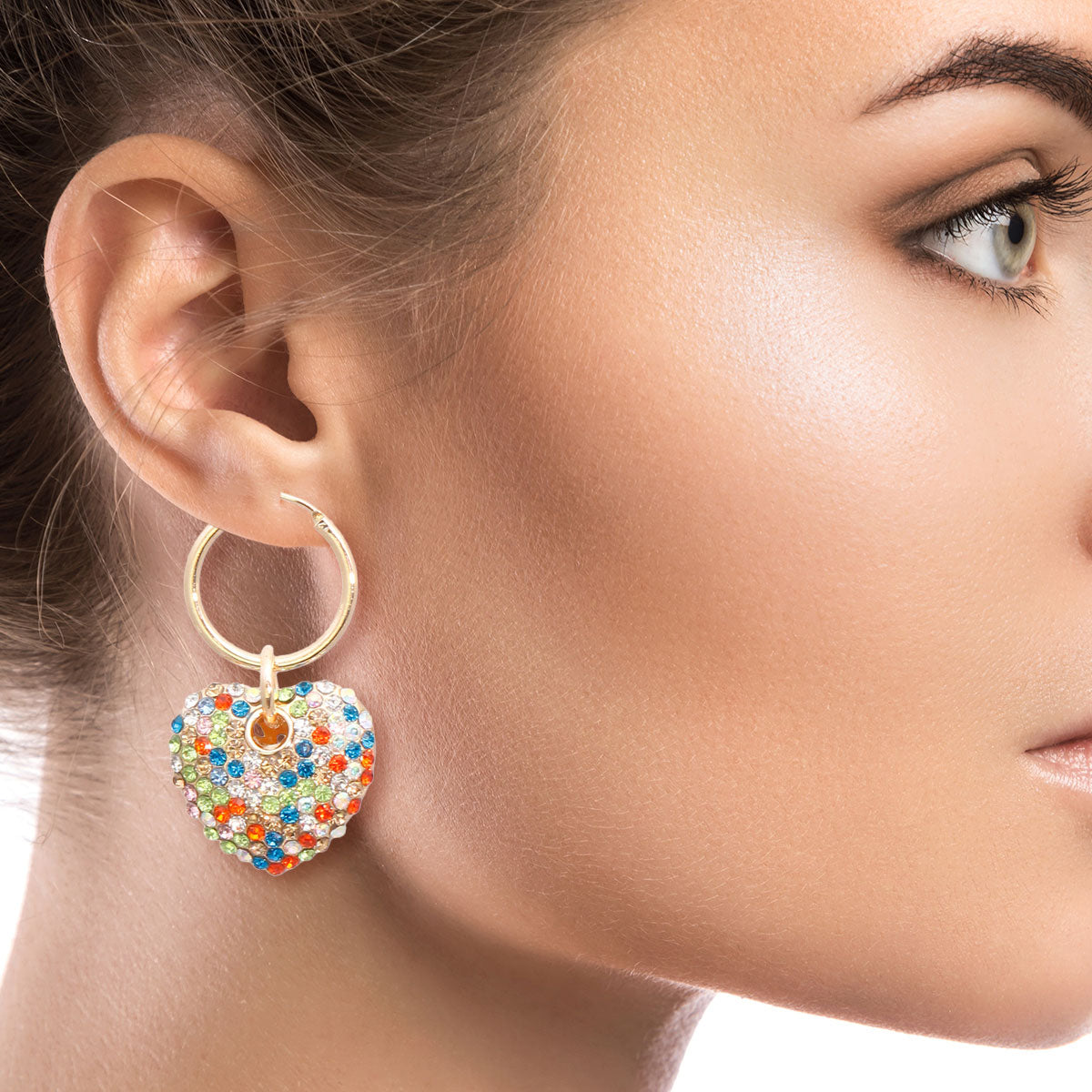 Rainbow Rhinestone Heart Hoops