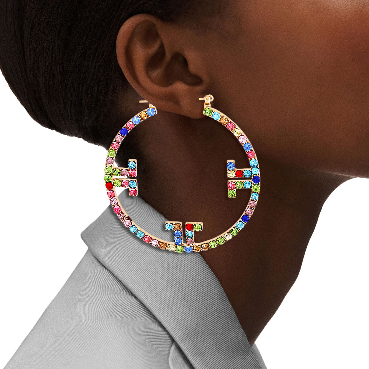 Gold Multi Color Stone Greek Hoops
