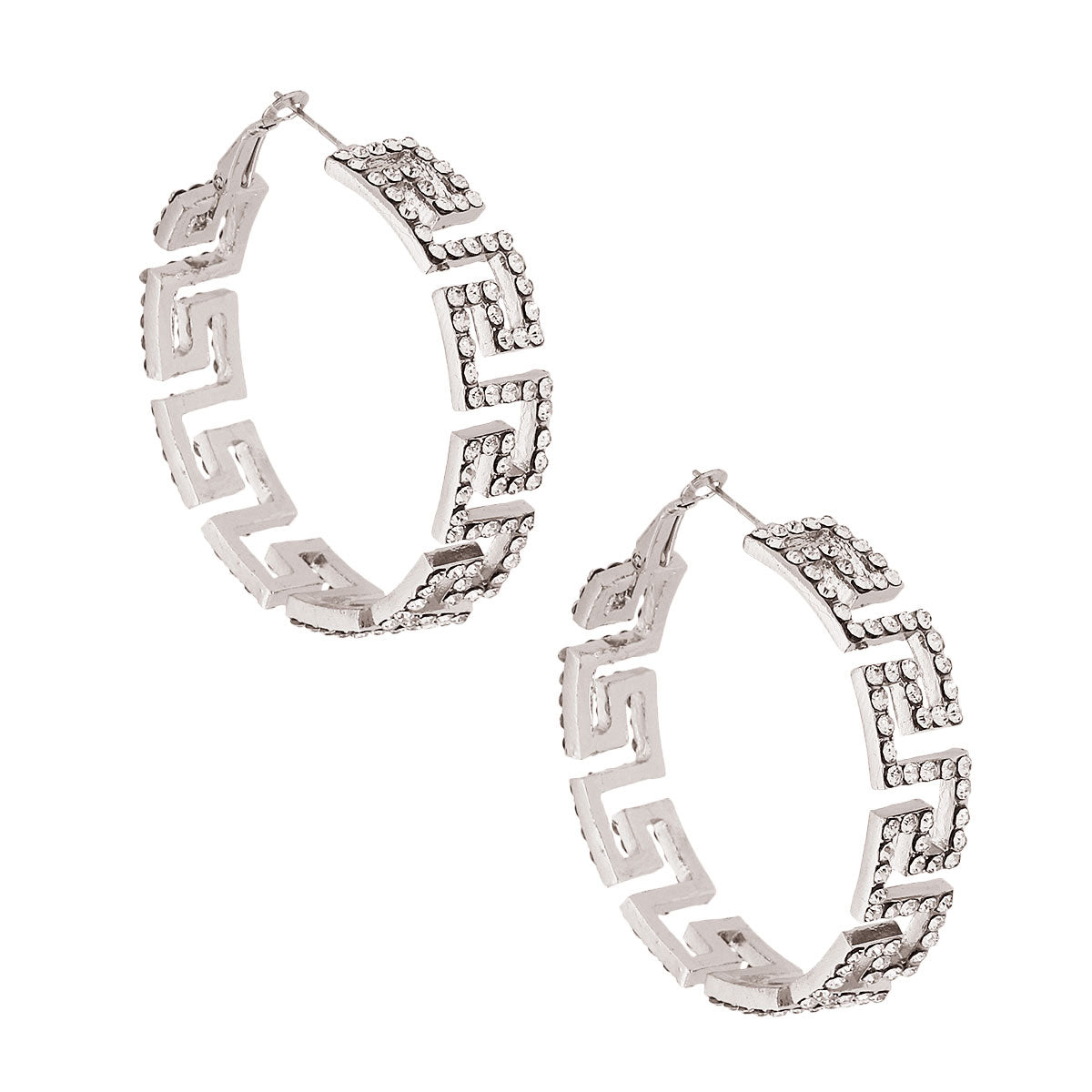 Silver Greeky Rhinestone Wide Hoops