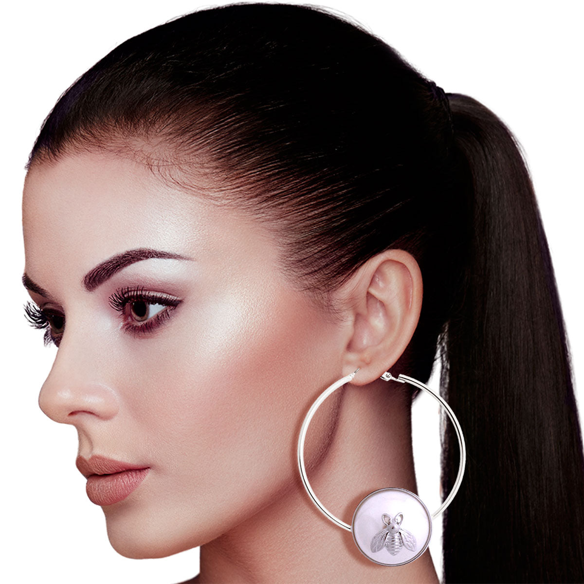 Silver Bee Accented Pearl Hoops