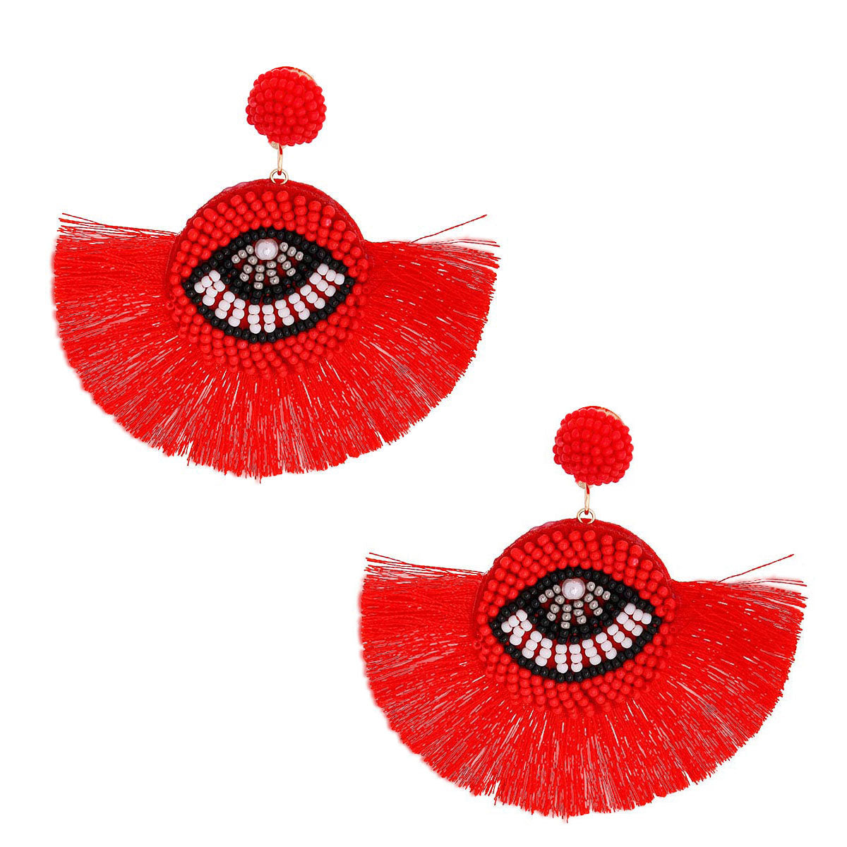 Red Beaded Eye Tassel Earrings