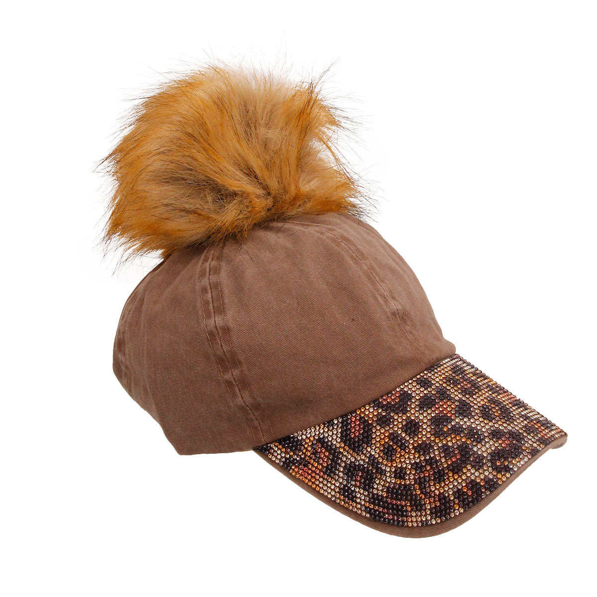 Taupe Leopard Rhinestone Pom Cap