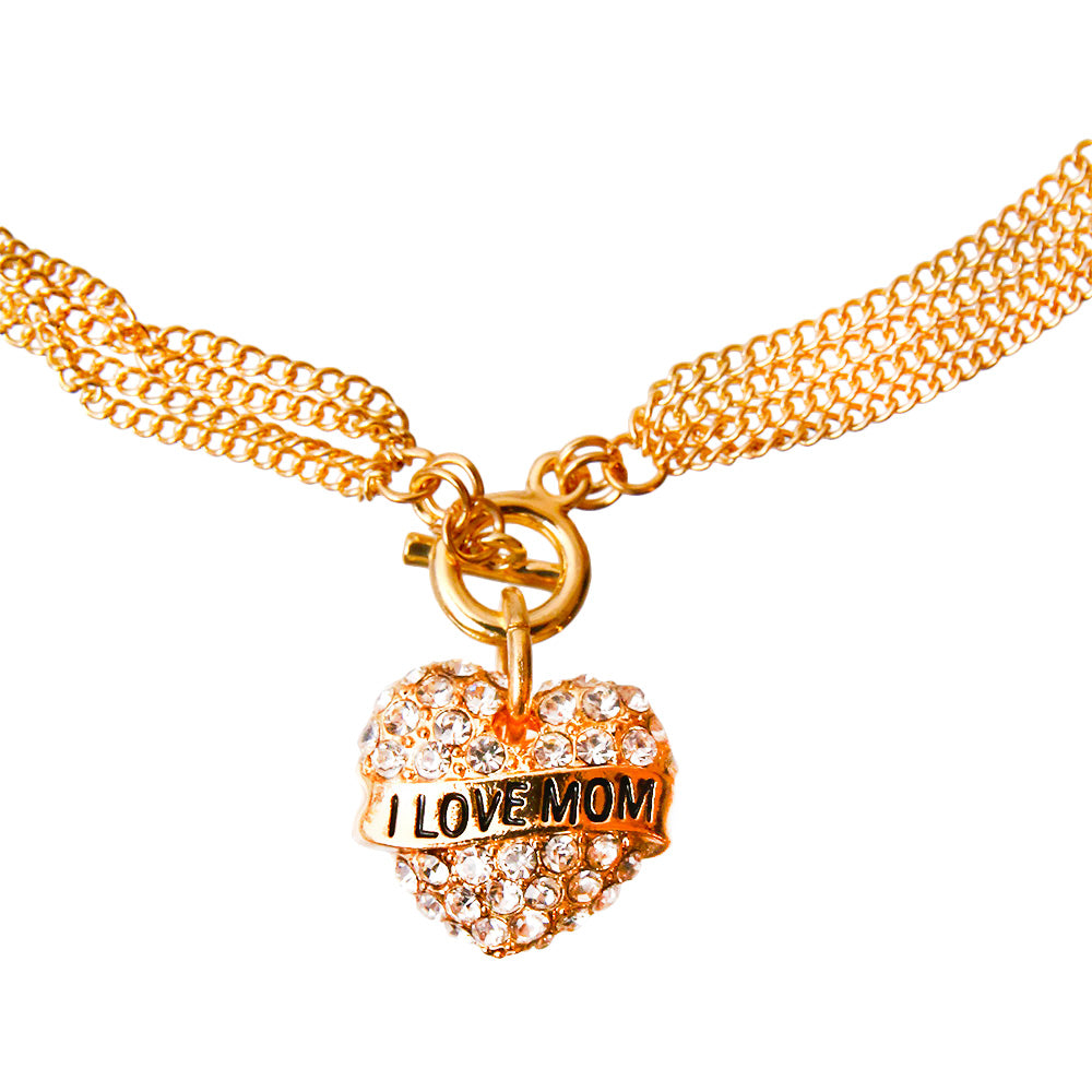 I Love Mom Rhinestone Heart Toggle Gold Necklace