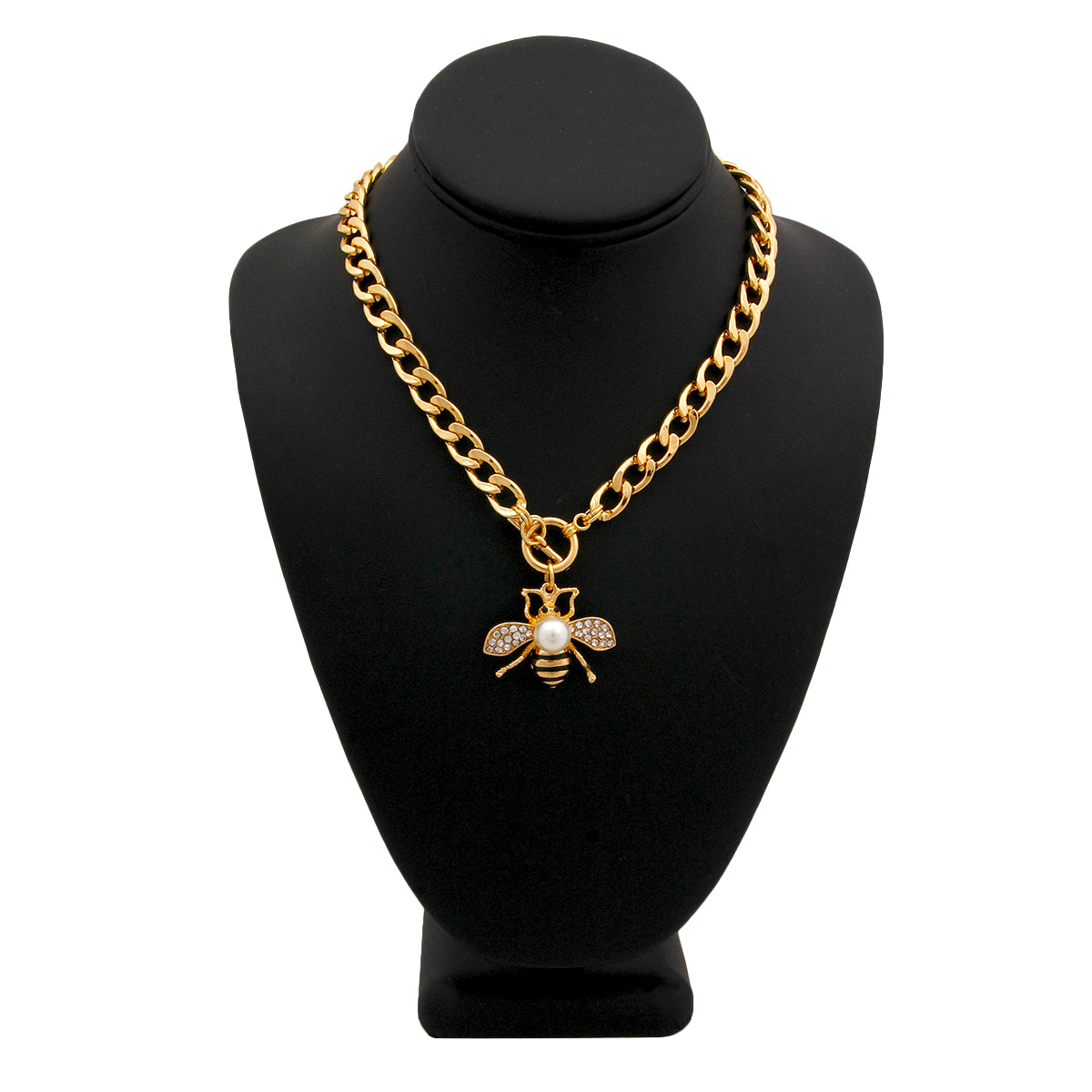 Designer Style Rhinestone Bee Toggle Necklace with Pearl Detail