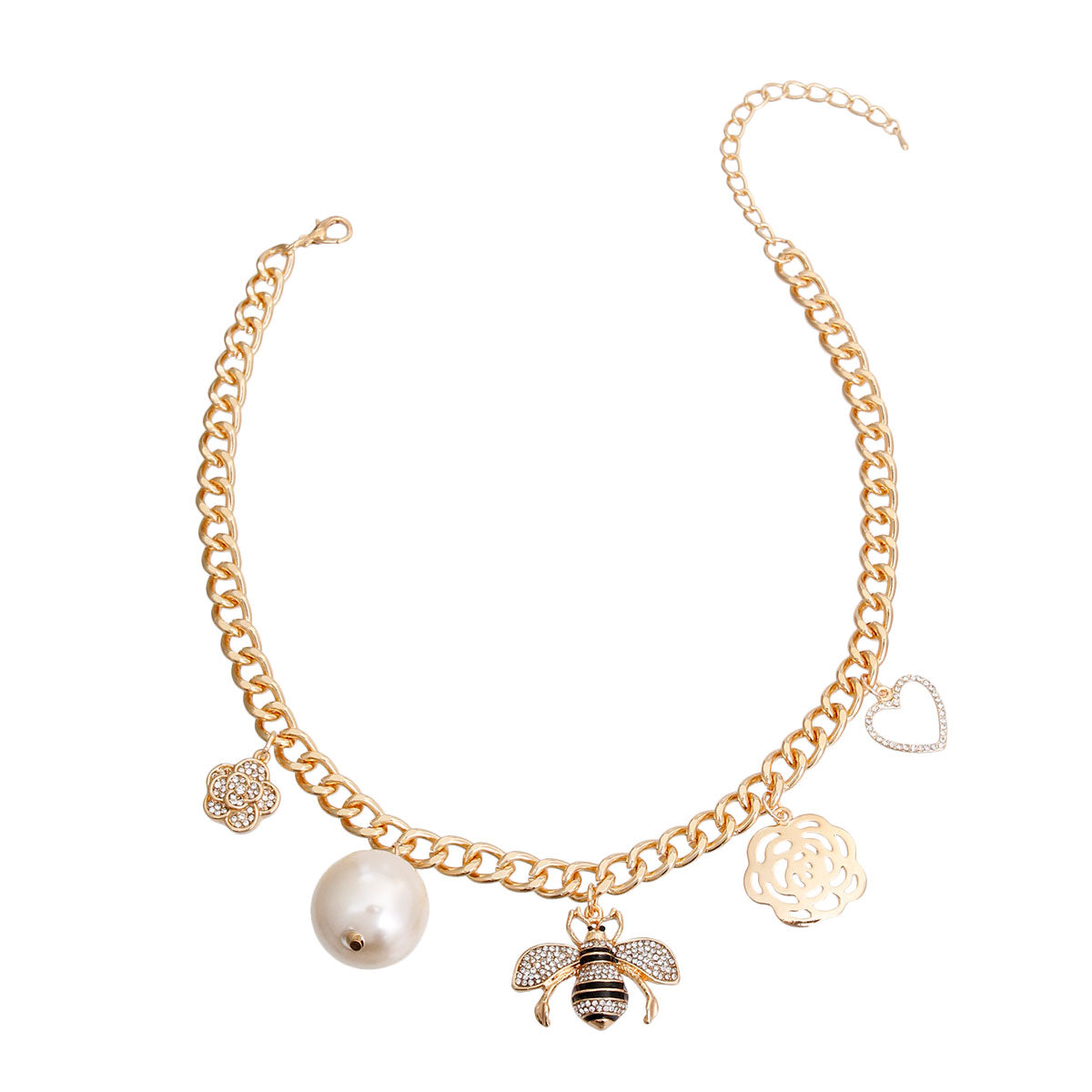 Gold Bee and Pearl Charm Necklace